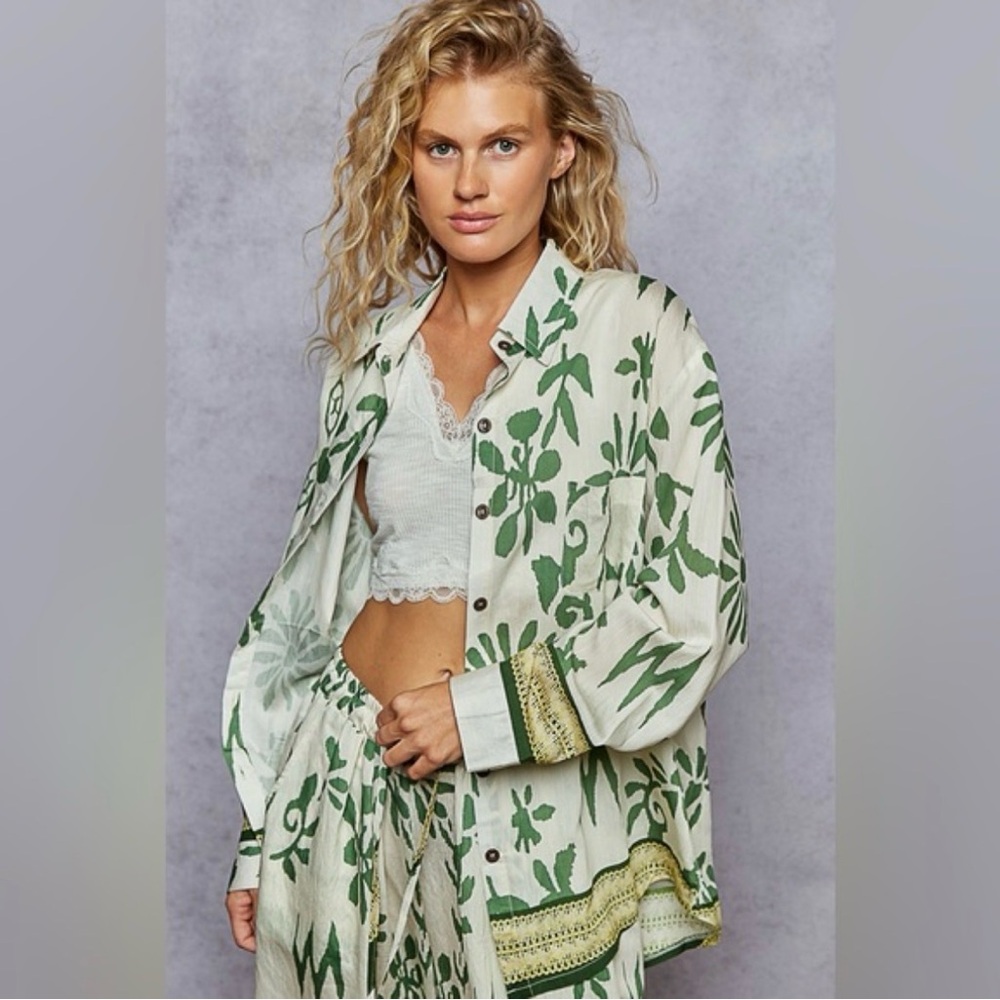 POL SET!! Green Floral Women's Pants and Blouse - Picture 3 of 7
